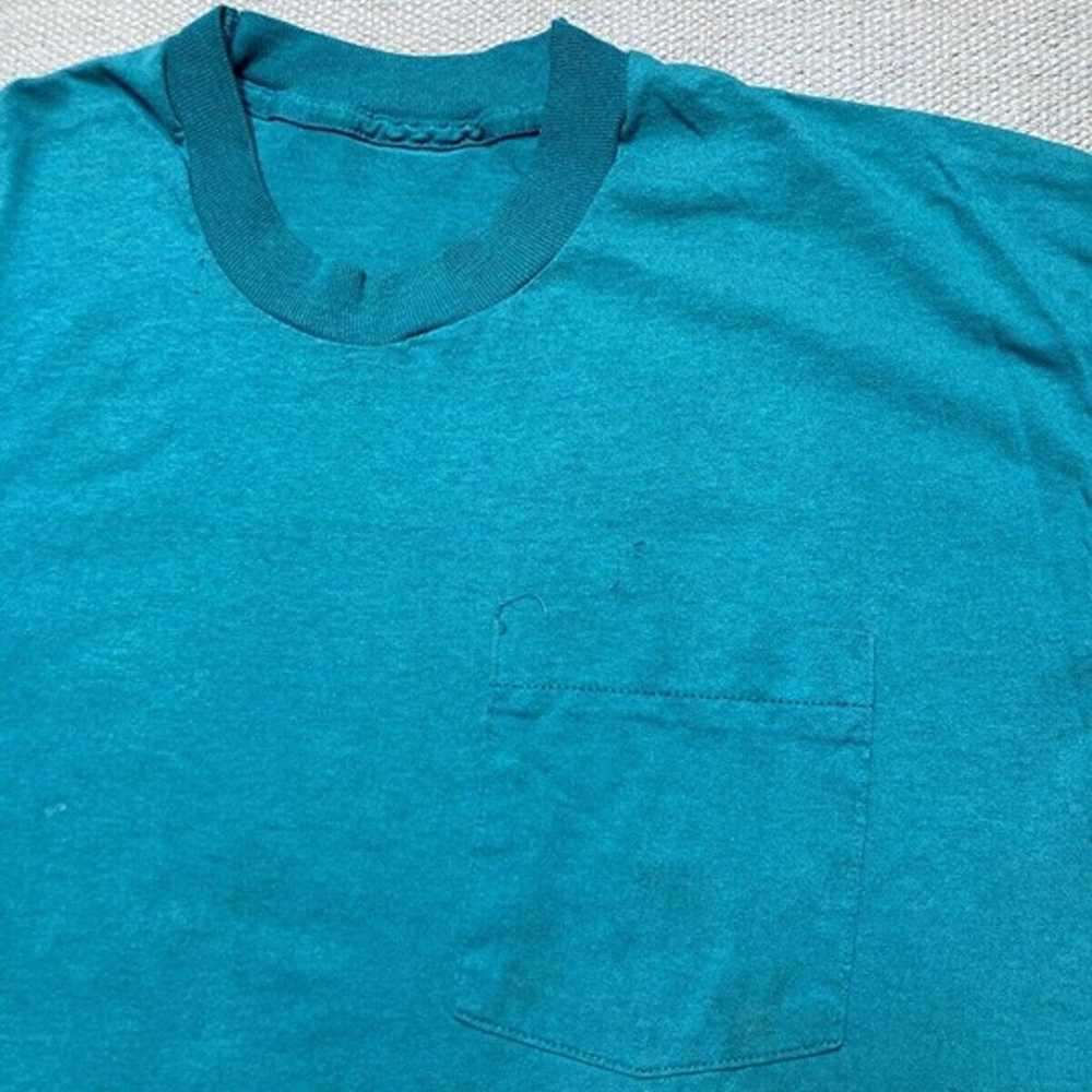 Vintage 1980s pocket t shirt blank plain teal blu… - image 5