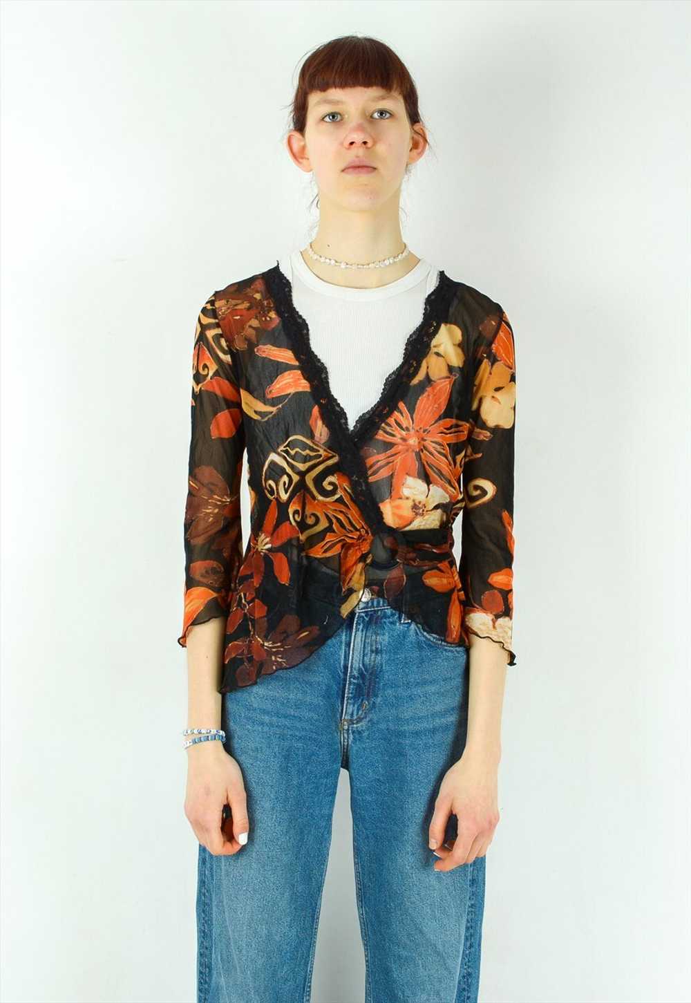 JOACHIM BOSSE Floral Print Sheer Blouse Floral Pa… - image 1