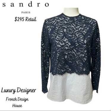 SANDRO PARIS Medium Lace Pinstriped Combo Blouse … - image 1