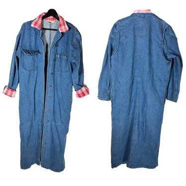 1980's VINTAGE Denim & Plaid Flannel Duster Coat … - image 1