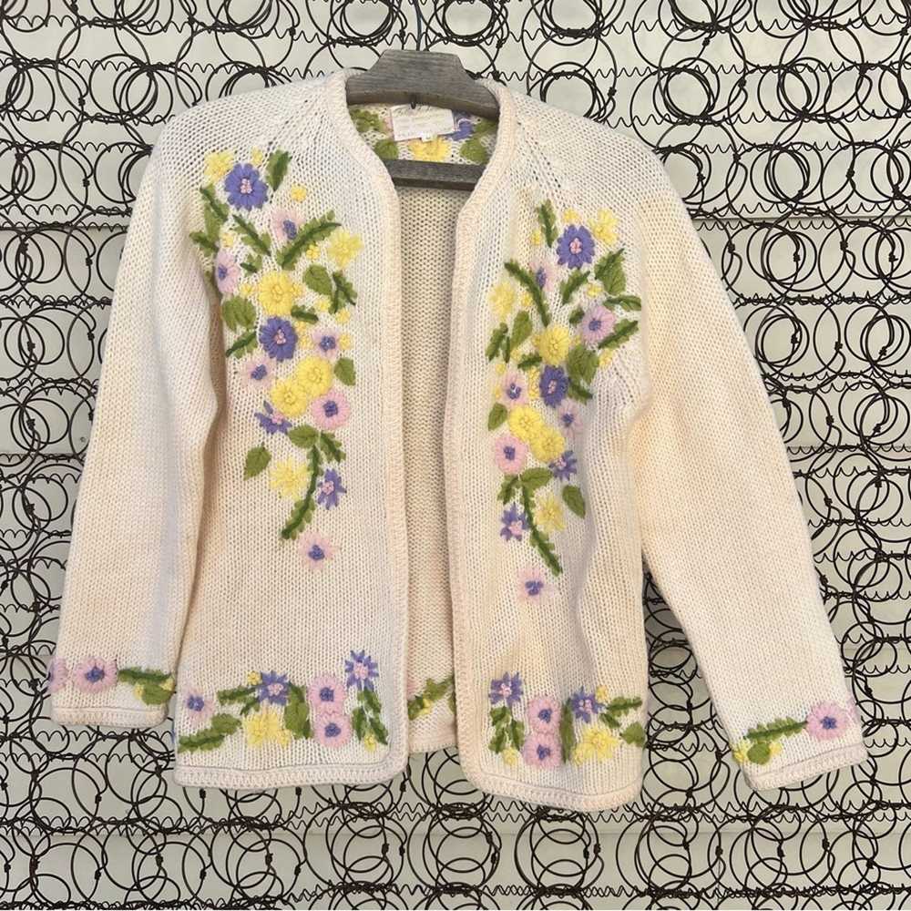 Vintage 60s embroidered floral wool cardigan swea… - image 1