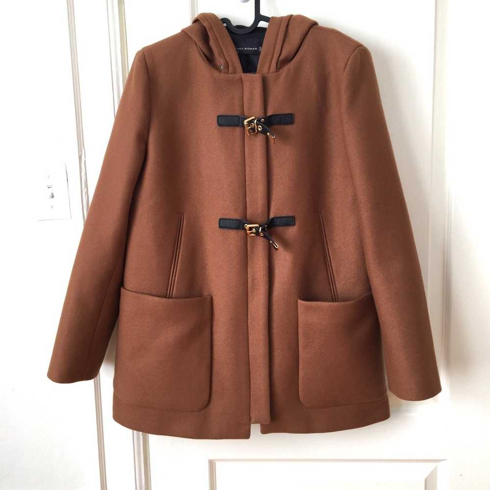 Zara Camel Color Wool Hooded Zip Up Long Coat Jac… - image 2