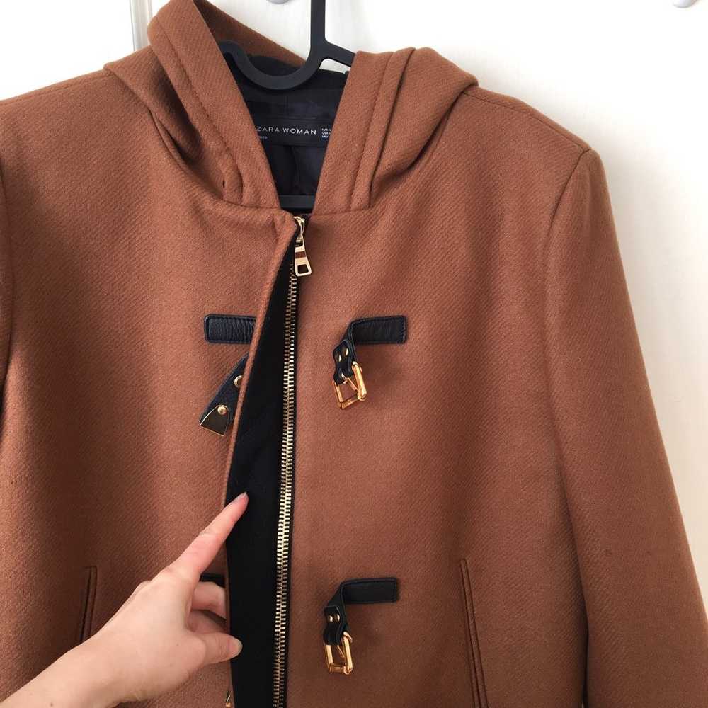 Zara Camel Color Wool Hooded Zip Up Long Coat Jac… - image 7