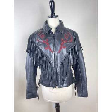 Vintage Rose Leather Fringe Bike Moto Jacket - image 1
