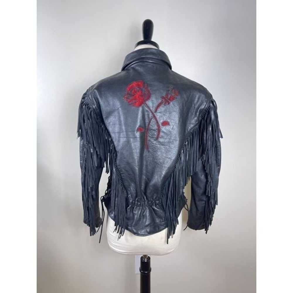Vintage Rose Leather Fringe Bike Moto Jacket - image 3