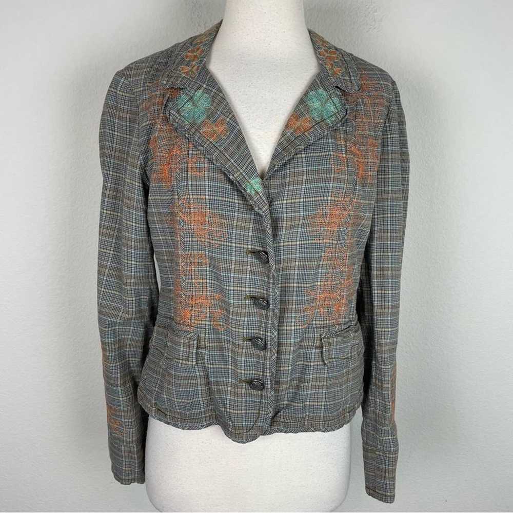 Johnny Was Brown Gray Blue Plaid Embroidered Jack… - image 1