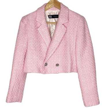 Zara Tweed Crop Blazer In Pink Medium