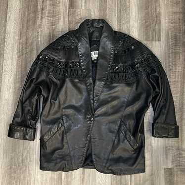 Erez Vintage 80s Jeweled Oversized Leather Jacket 