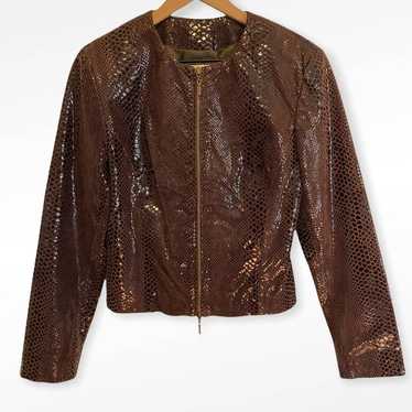 Cache Brown Embossed Leather Reptile Look Jacket