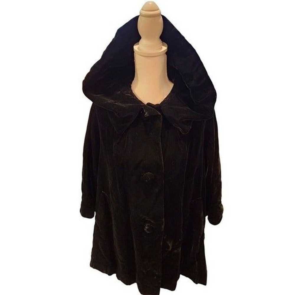 Vintage 80s Black Velvet Jacket Swing Coat L Retr… - image 6