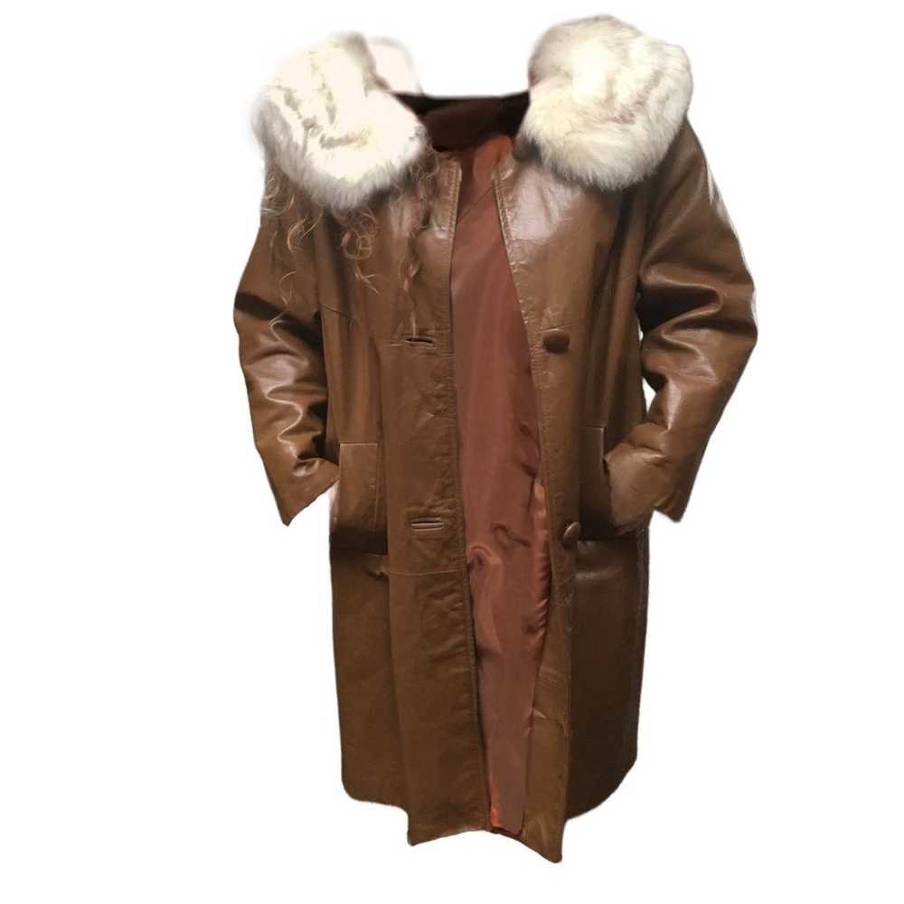 Real Fur-Trimmed Mid-Length 60s Style Leather Coat - image 1