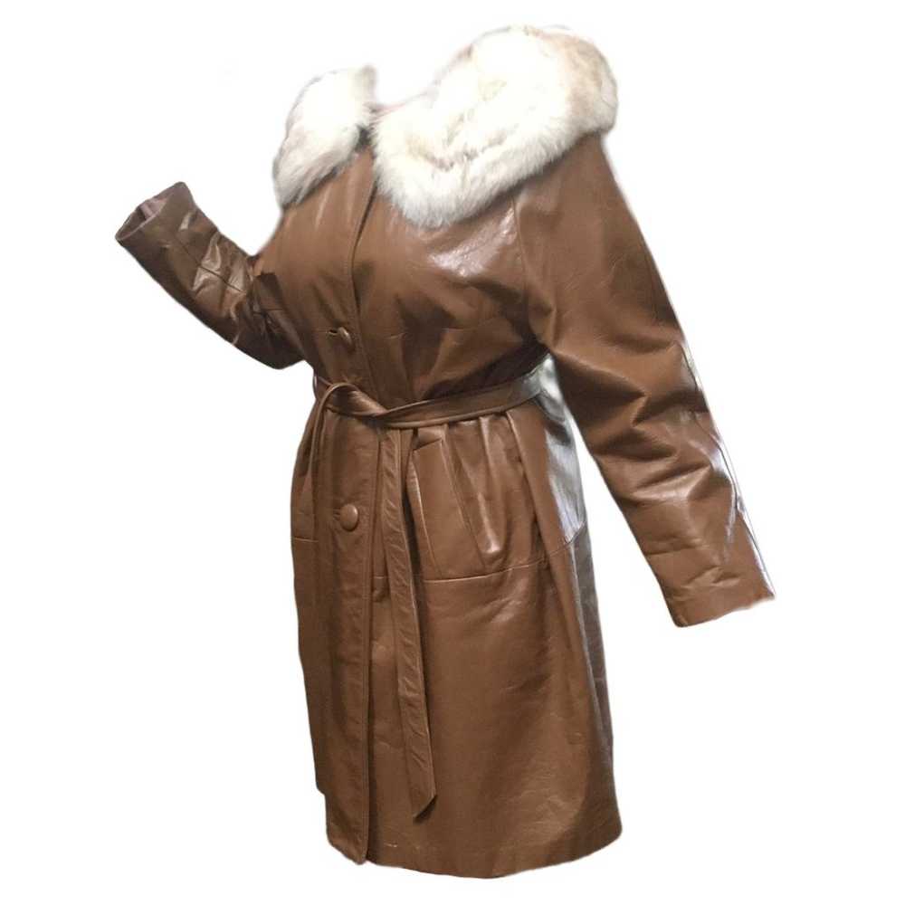 Real Fur-Trimmed Mid-Length 60s Style Leather Coat - image 2