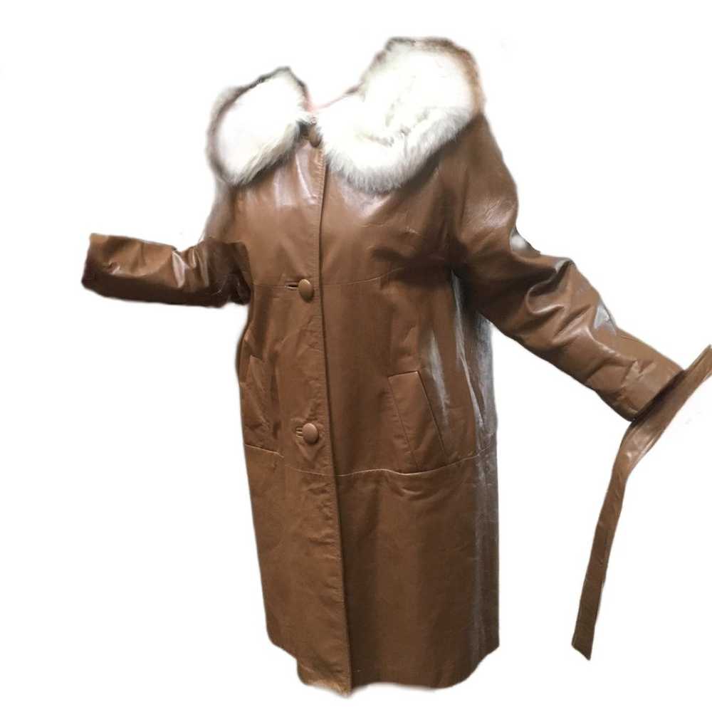 Real Fur-Trimmed Mid-Length 60s Style Leather Coat - image 4