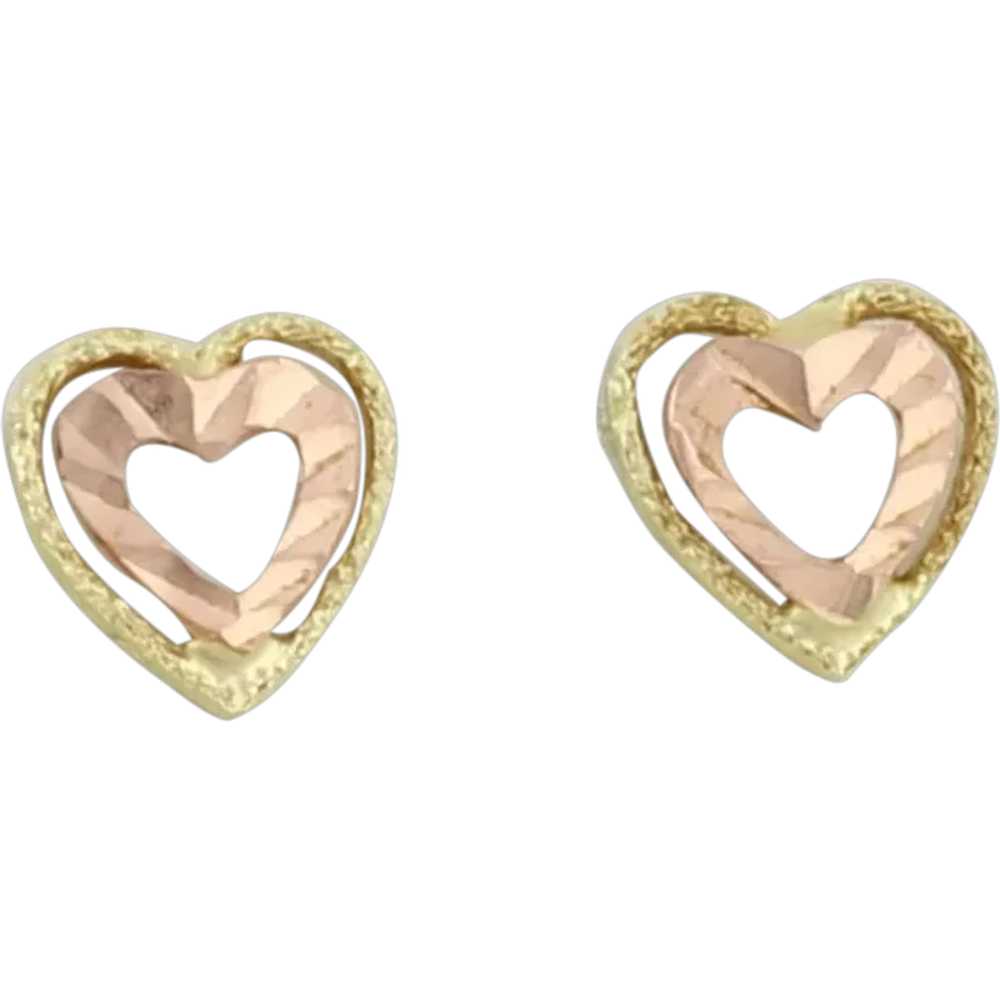 14k Yellow Gold & Rose Gold Heart Earrings Stud P… - image 1