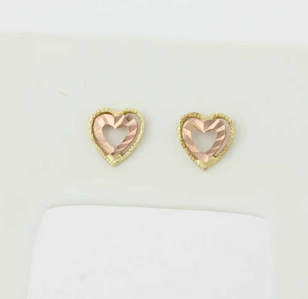 14k Yellow Gold & Rose Gold Heart Earrings Stud P… - image 7