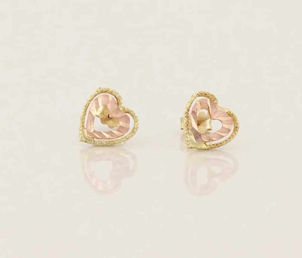 14k Yellow Gold & Rose Gold Heart Earrings Stud P… - image 8