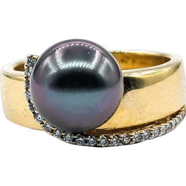 Tahitian Pearl & Diamond Ring In Yellow Gold - image 1