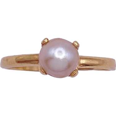 Petite Vintage Cultured Pearl Solitaire Ring 14K … - image 1