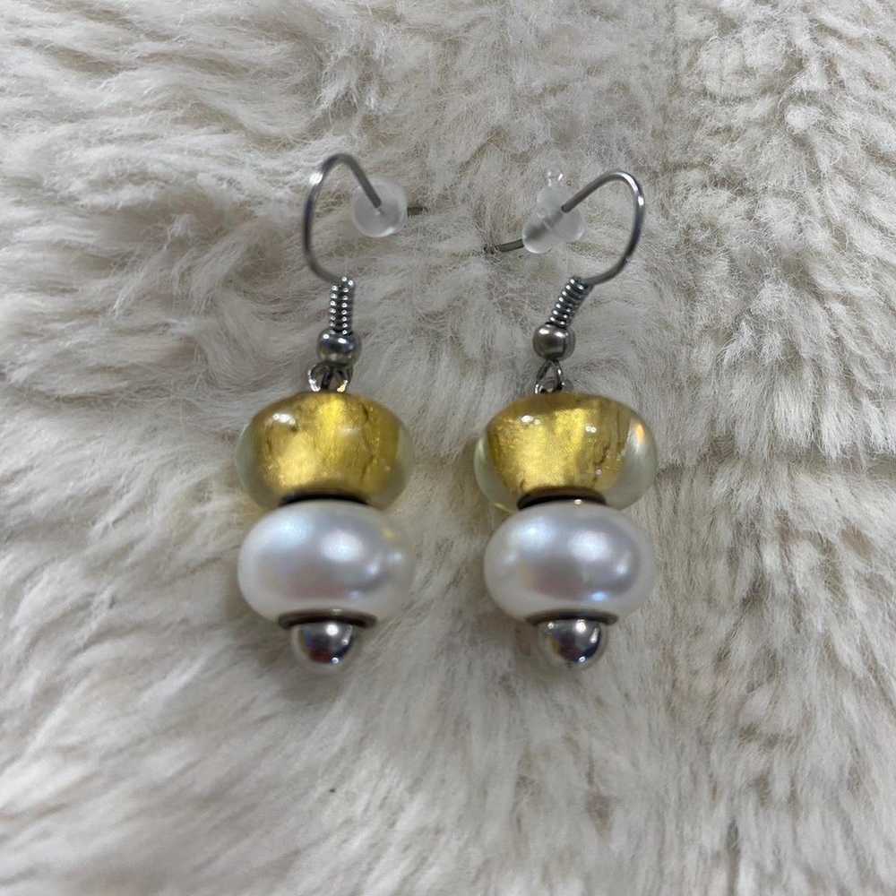 Vintage Unique Yellow And White Bead Dangle Earri… - image 1