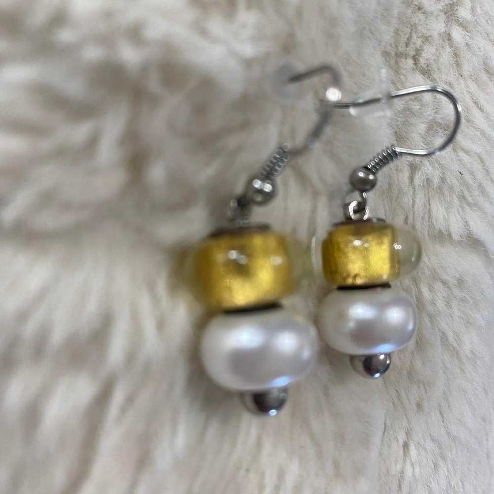 Vintage Unique Yellow And White Bead Dangle Earri… - image 2