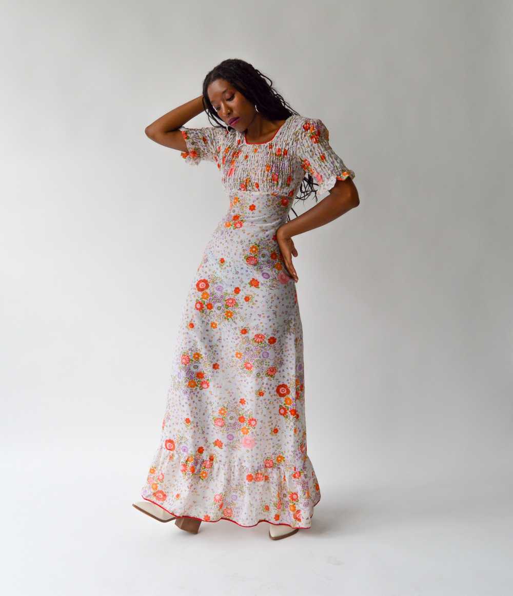 Vintage 70s Penny Lane Sheer Floral Shirred Dress… - image 2