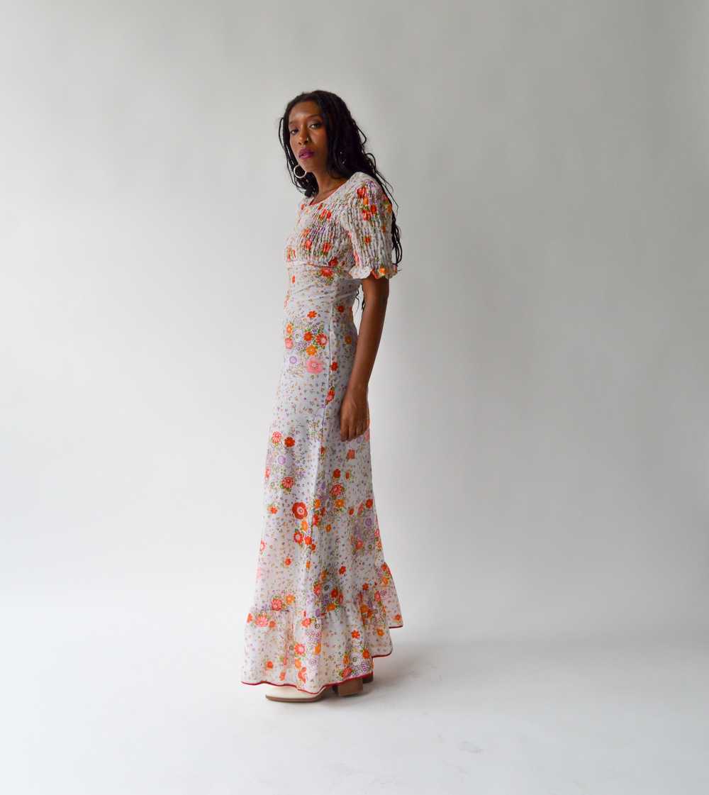 Vintage 70s Penny Lane Sheer Floral Shirred Dress… - image 4