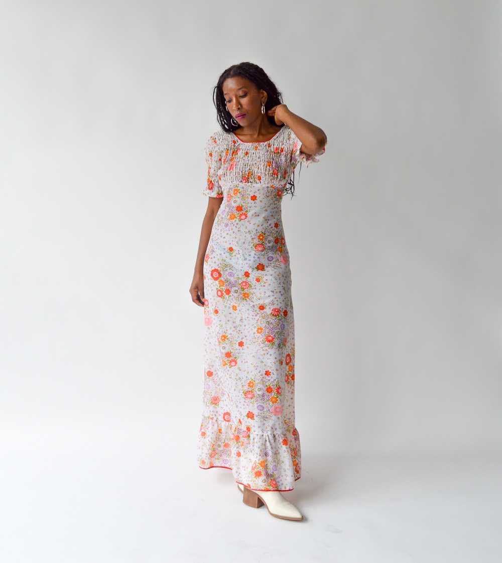 Vintage 70s Penny Lane Sheer Floral Shirred Dress… - image 5