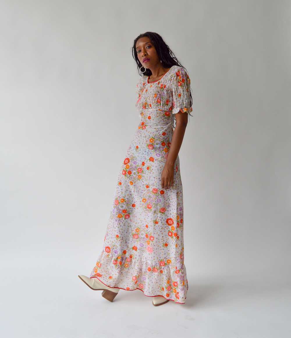 Vintage 70s Penny Lane Sheer Floral Shirred Dress… - image 6