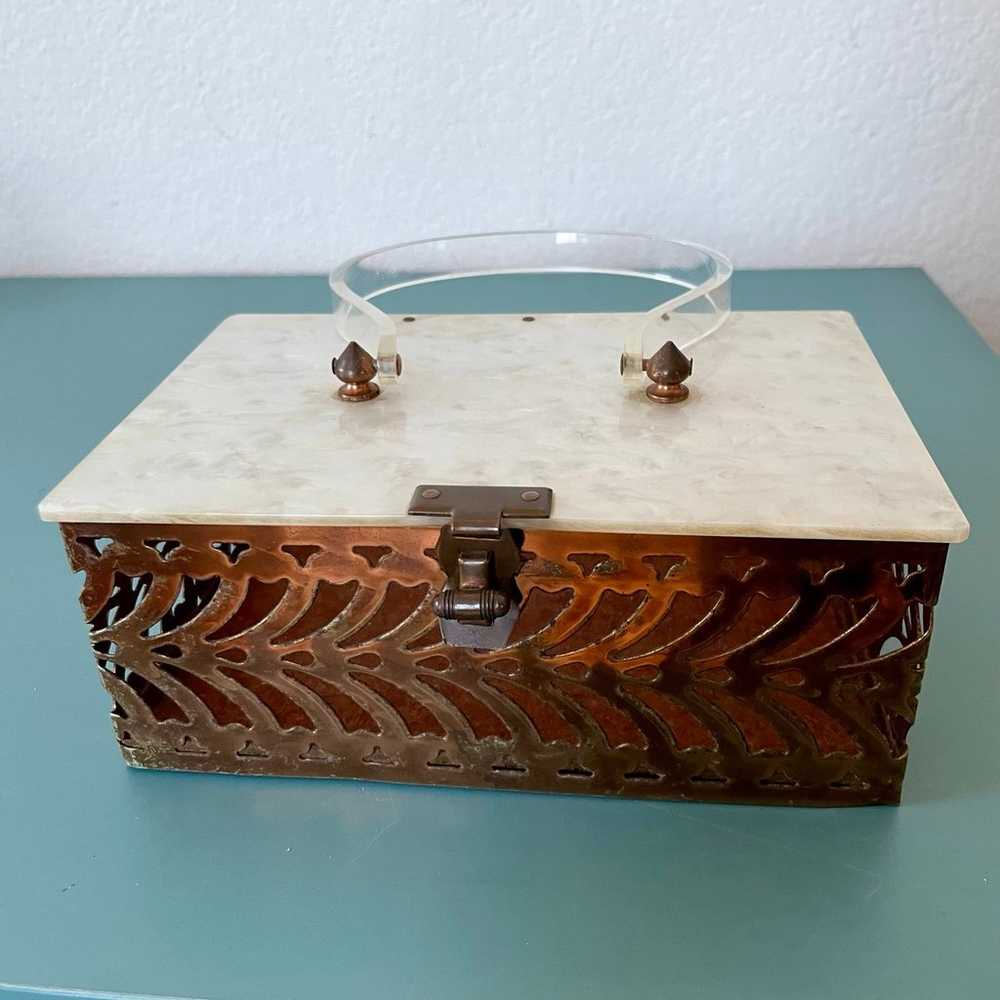 Vintage Brass Filigree Box Purse with Lucite Hand… - image 1