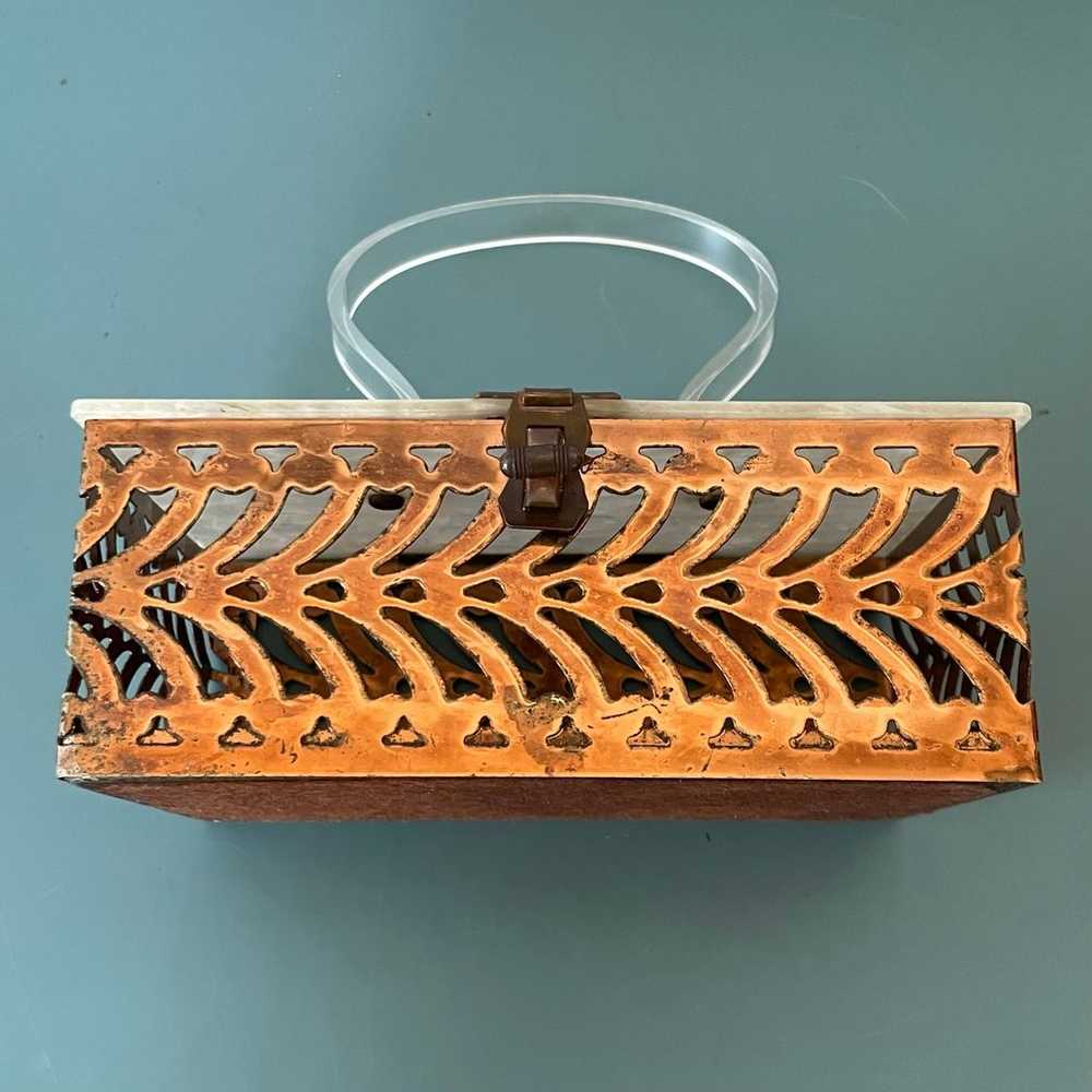 Vintage Brass Filigree Box Purse with Lucite Hand… - image 2