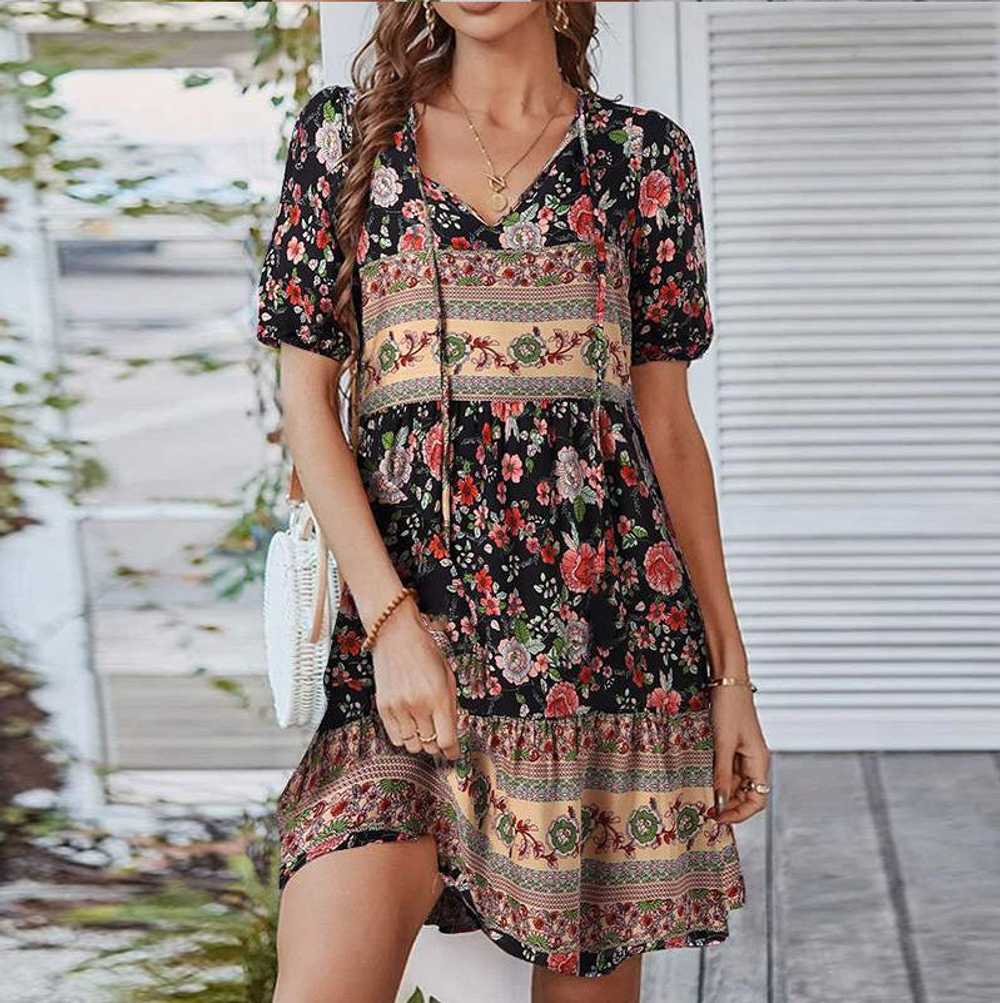 Bohemian Floral Print Lace-up Dress - image 1