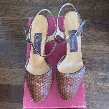 Vtg 70s Caressa brown woven leather heels