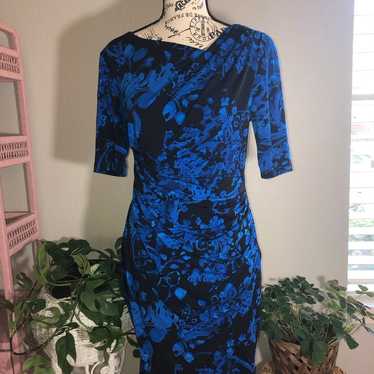 Connected Apparel Bright Blue and Black Floral Dre