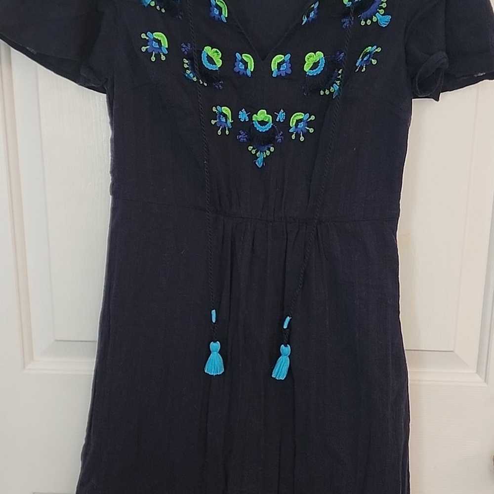 Boden Navy Blue/Green Embroidered Dress with Tass… - image 3