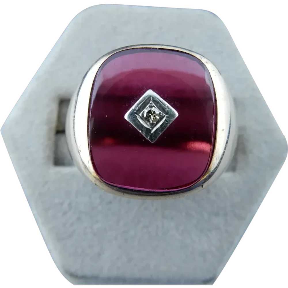10k Yellow Gold Cranberry Glass and Diamond Ring - image 1