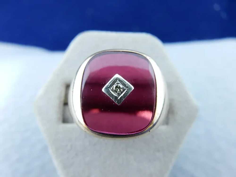 10k Yellow Gold Cranberry Glass and Diamond Ring - image 2