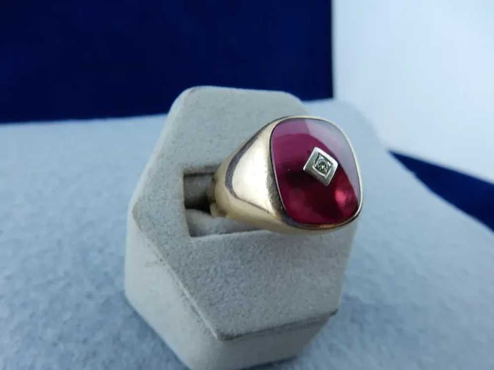 10k Yellow Gold Cranberry Glass and Diamond Ring - image 4
