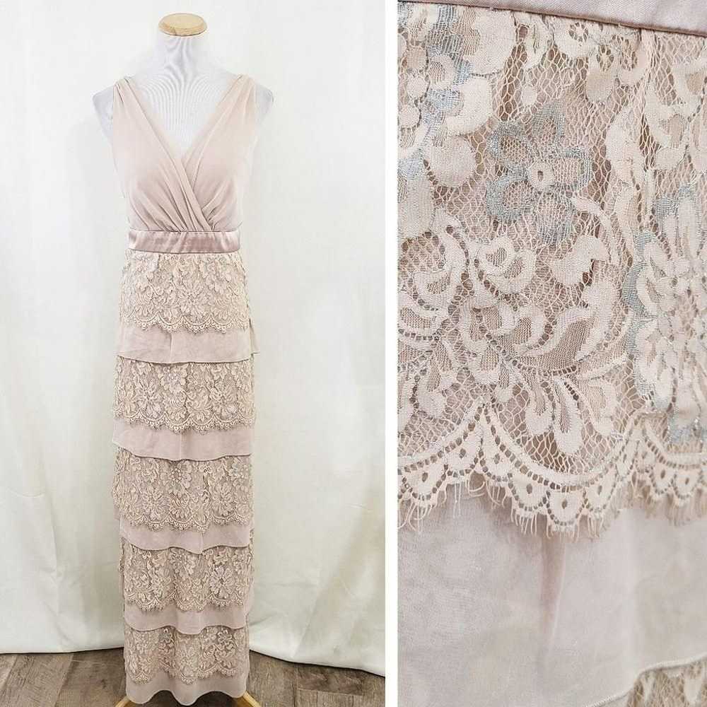 Marina tiered lace maci drrss formal gown tan sil… - image 1