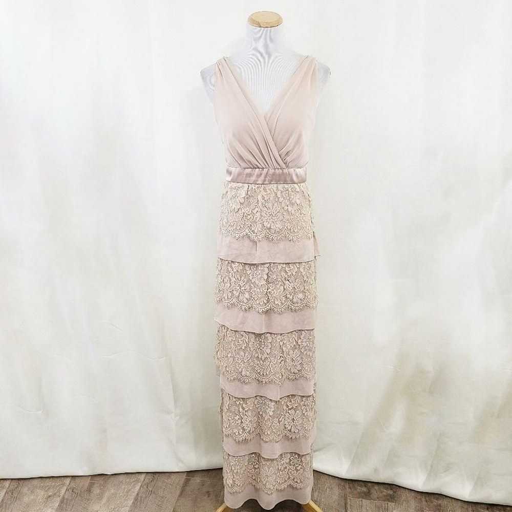 Marina tiered lace maci drrss formal gown tan sil… - image 2