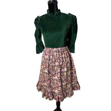 Batsheva Green Velvet Cotton Floral Skirt 3/4 Slee