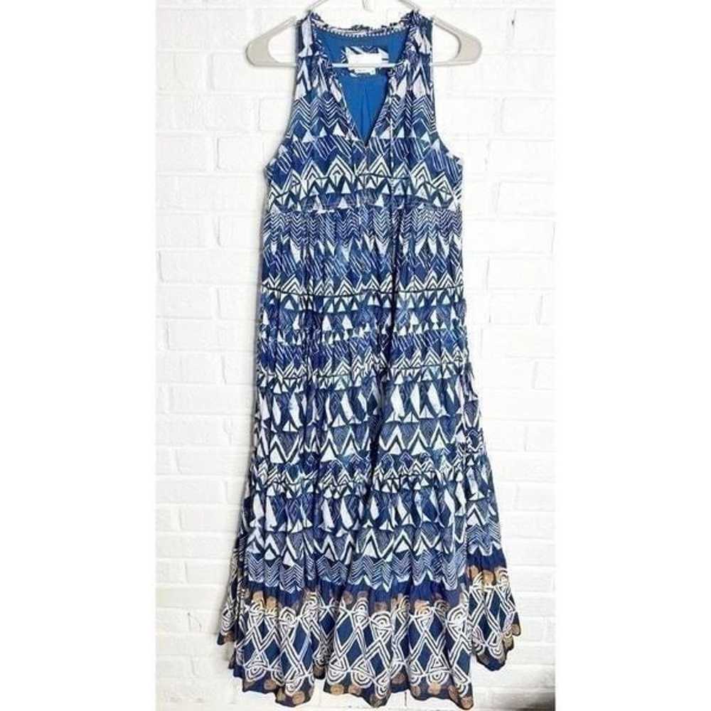 Anthropologie Tiered Abstract Blue Patterned Maxi… - image 1