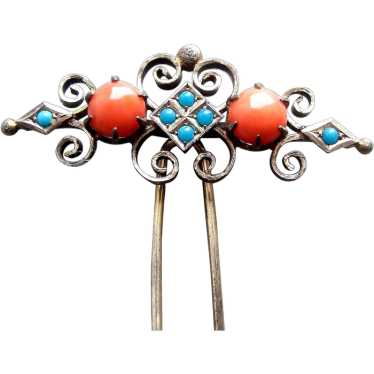 Late Victorian hinged hair comb set with coral an… - image 1