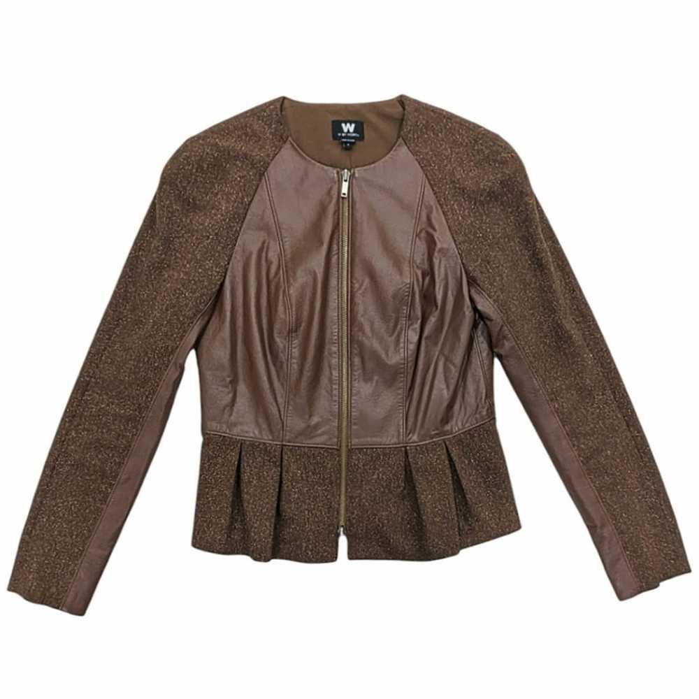 W By Worth Women Brown Leather Wool Silk Moto Jac… - image 1