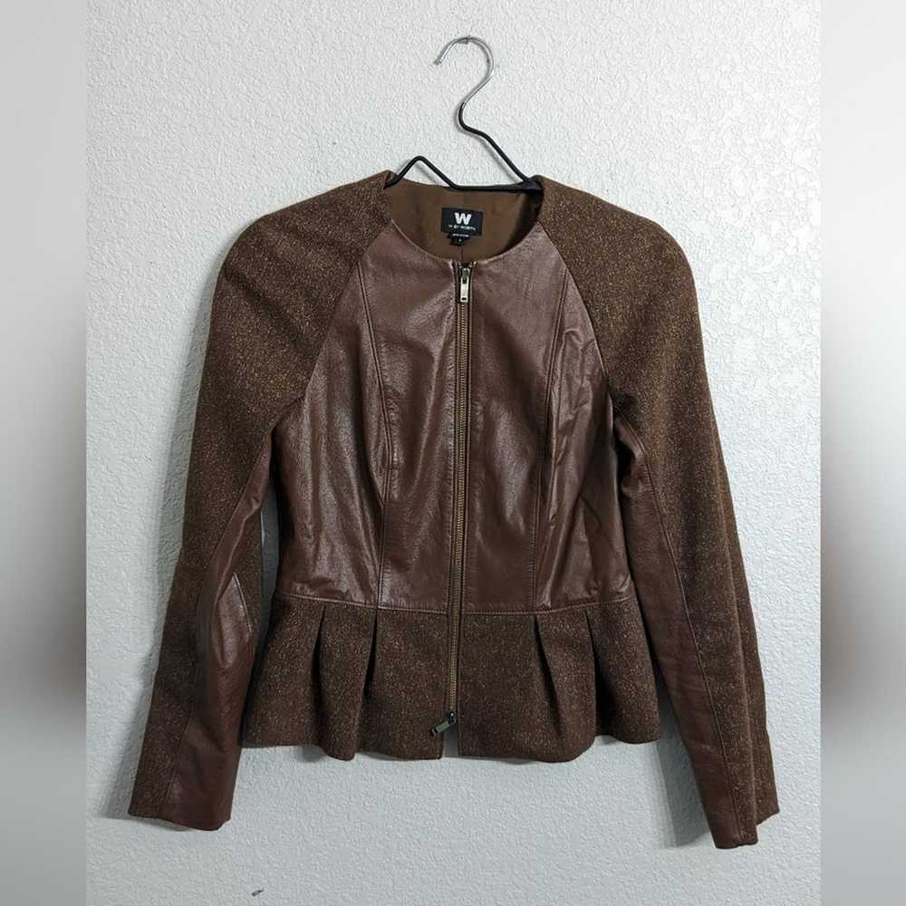 W By Worth Women Brown Leather Wool Silk Moto Jac… - image 2
