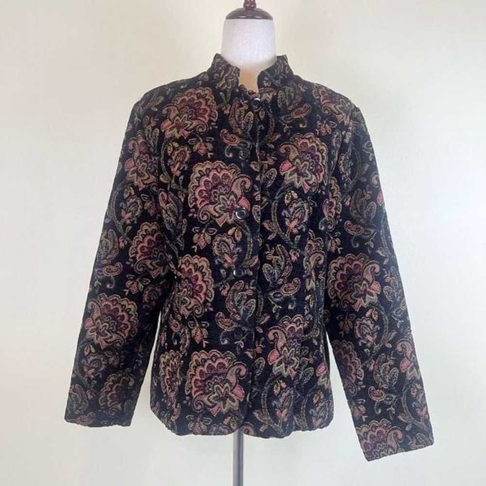 Vintage 90s Y2K Black Floral Tapestry Jacket Butt… - image 11