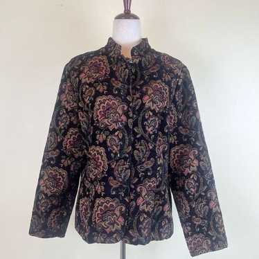 Vintage 90s Y2K Black Floral Tapestry Jacket Butt… - image 1