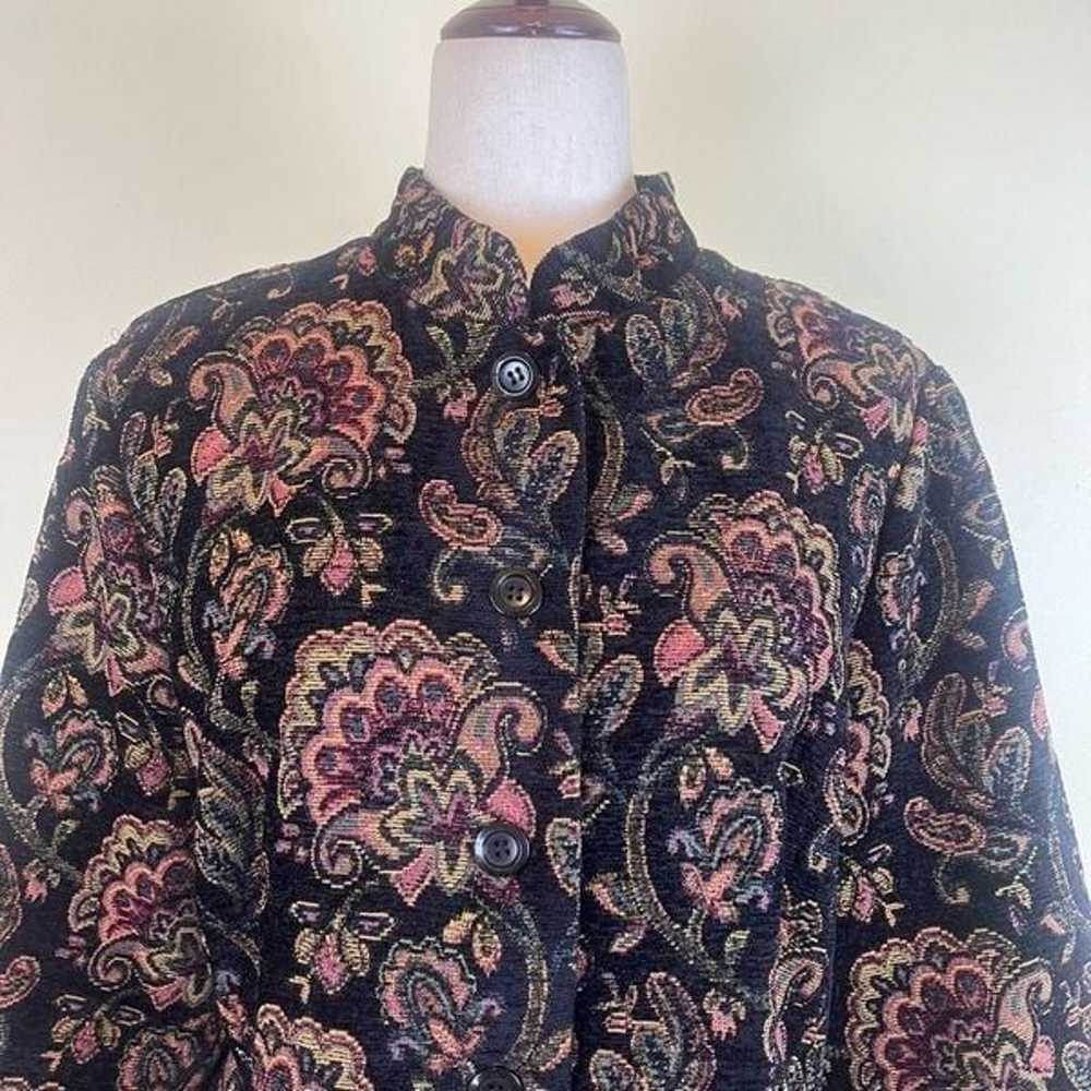 Vintage 90s Y2K Black Floral Tapestry Jacket Butt… - image 2