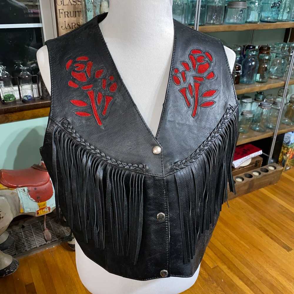 Black Leather Biker Vest.Red Rose Cut Outs. Woman… - image 1