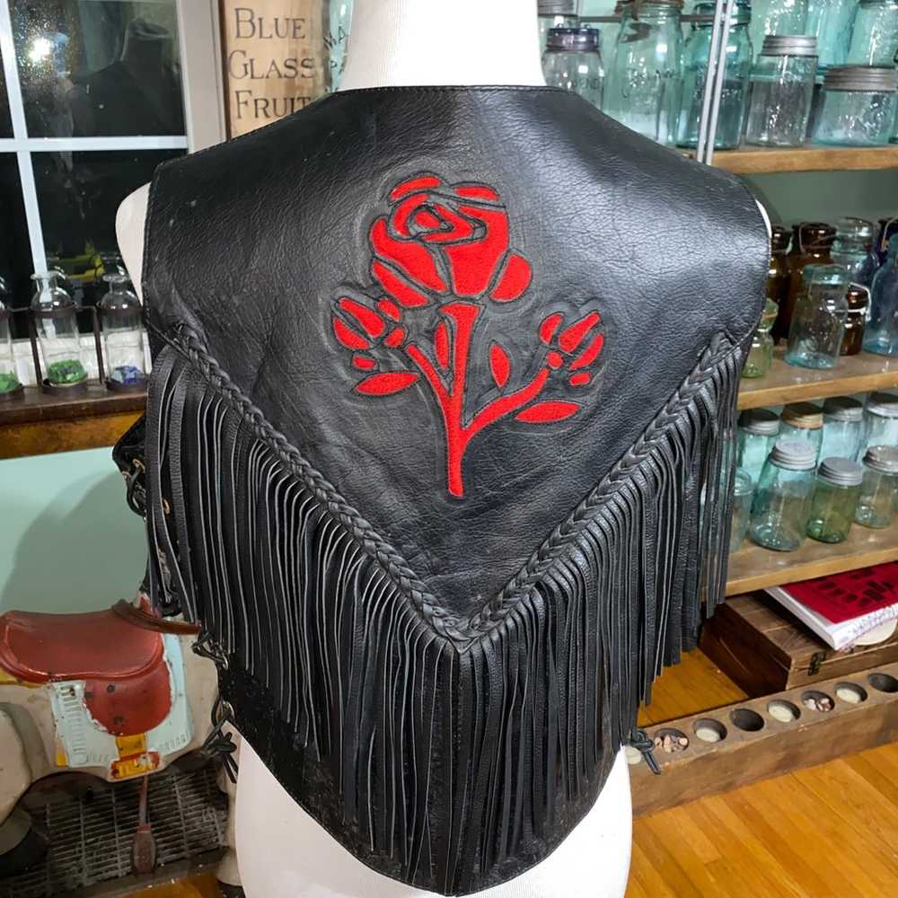 Black Leather Biker Vest.Red Rose Cut Outs. Woman… - image 3