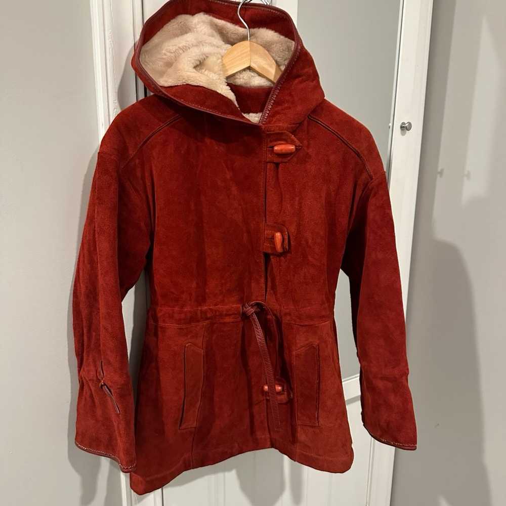 Vintage Sherpa suede leather hoodie burnt red/ora… - image 1